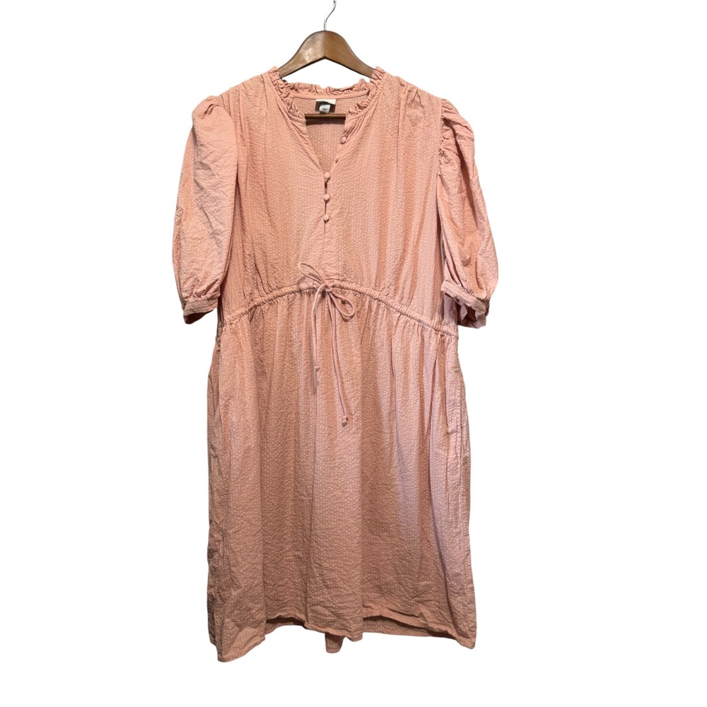 A New Day Dress Women Large Pink Excellent Textured Puff Sleeve Drawstring Waist